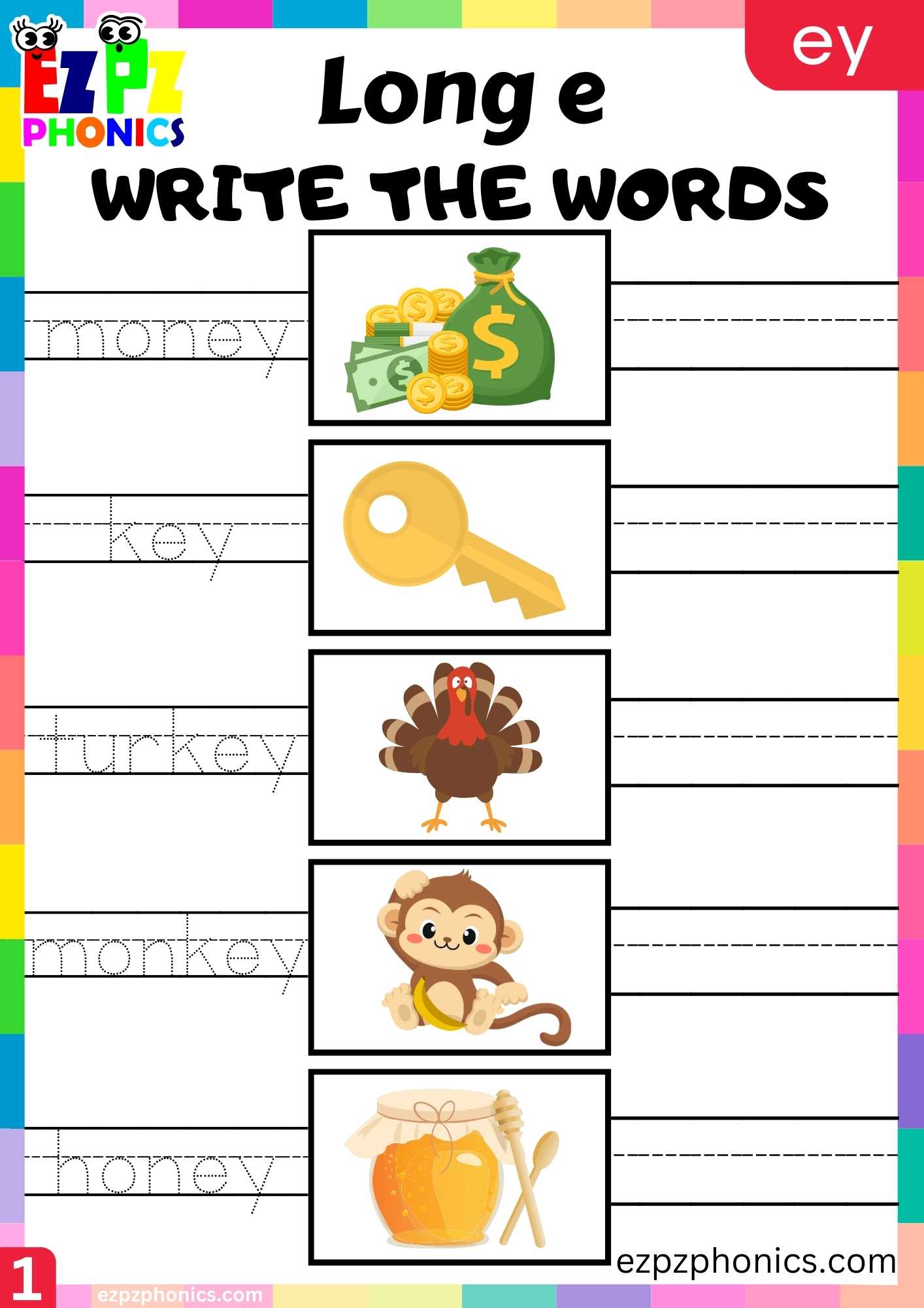 EY Words Write The Words Long E Phonics Worksheet